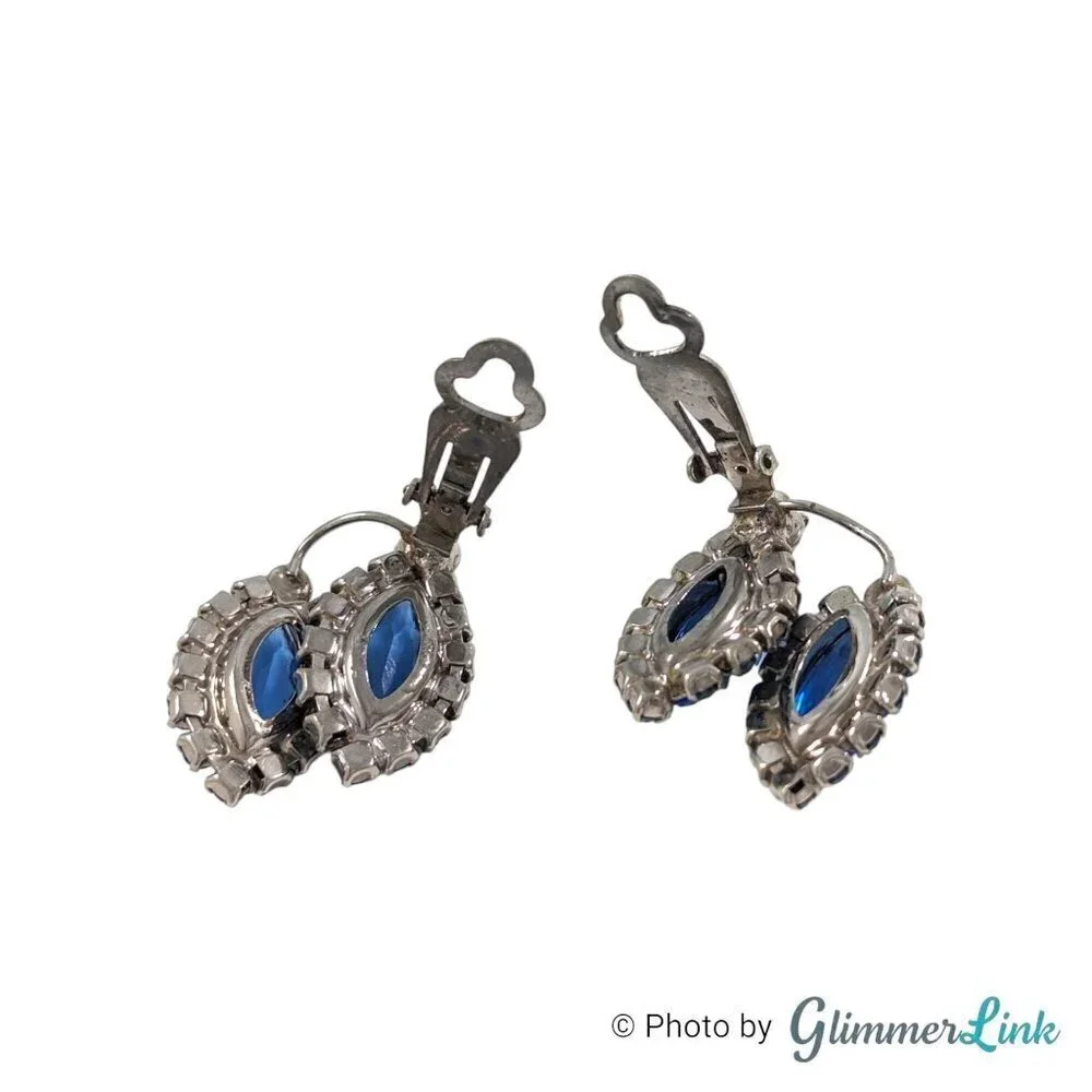 VTG Aurora Borealis Blue Rhinestone Ear Climber Silver Tone Clip On Earrings